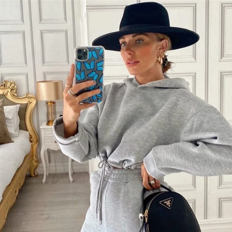 2025 Autumn Winter Women Sweatshirt Set Solid Color Casual Simple Hooded 2 Piece Outfit Set Fashion Gym Jogging Woman Pant Sets 4