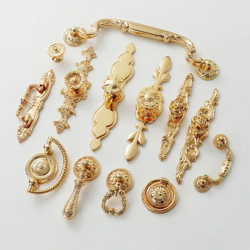 Pvd Ouro Móveis Maçaneta da Porta Gaveta Puxador de Latão Maciço Estilo Palácio Alças para Armário de Cozinha Porta Armário Guarda-roupa Puxa