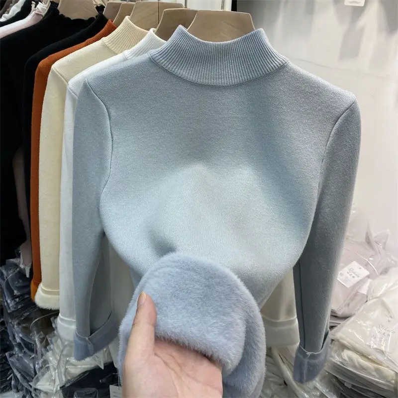 

Wholesale Fleeces Basic Sweaters Mock Neck Thicken Knitted Top Women Winter Solid Plus Velvet Pullovers Bottom Knit Warm Top