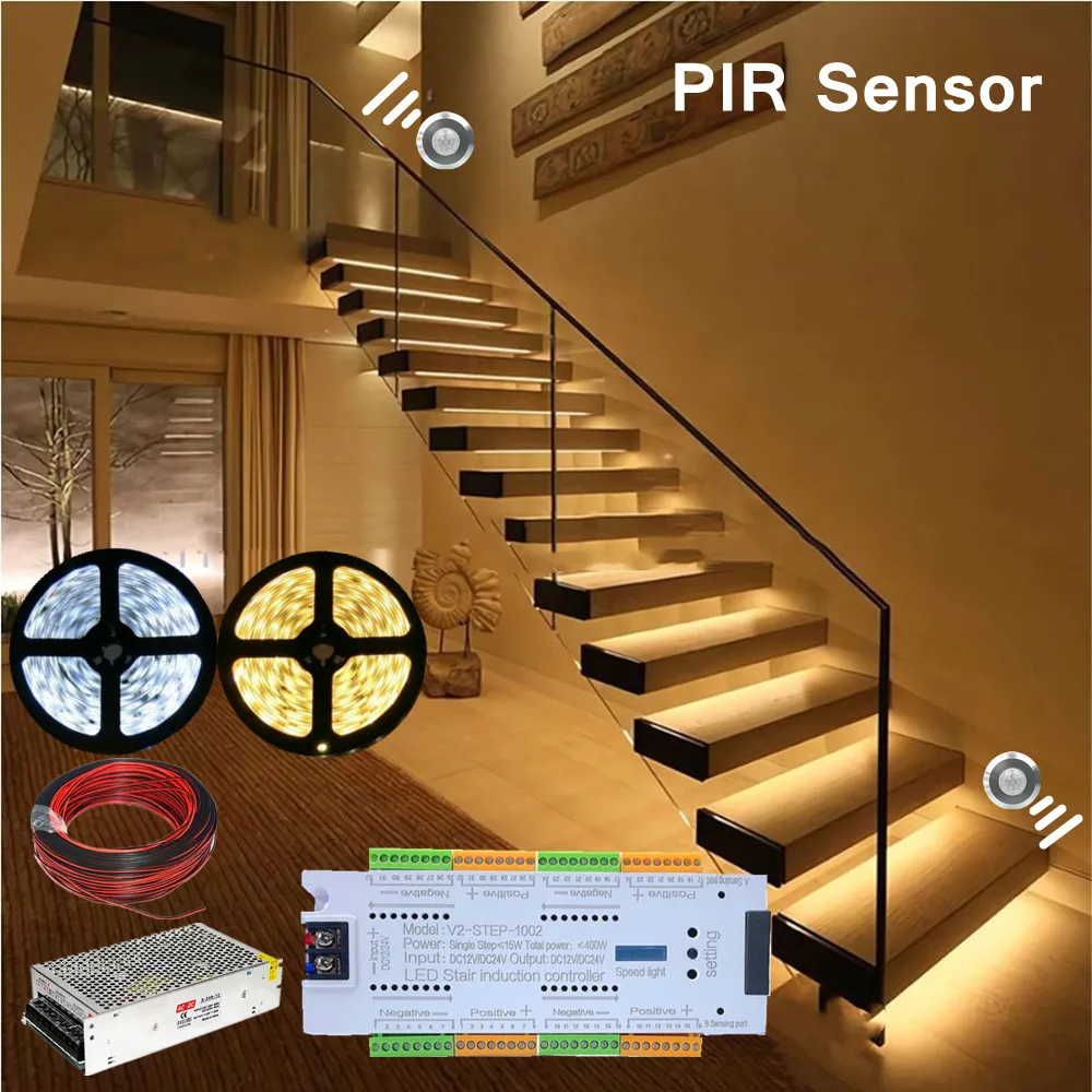 Merdiven PIR hareket sensörlü LED şerit 12V SMD 5050 lamba bant + 32 kanal  merdiven adım denetleyici + güç kaynağı + bağlantı kablosu - AliExpress