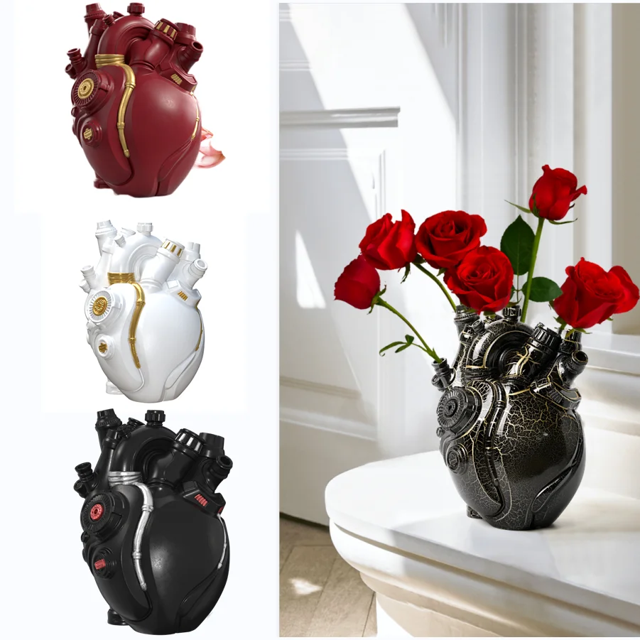 

Cyberpunk Simulation Heart Shape Vase Ornaments Creative Flower Container Resin Crafts Heart Pot Desktop Home Decoration