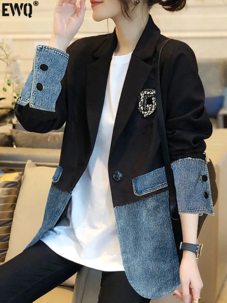 

[EWQ] Denim Spliced Blazer Coat Women Long Sleeve Streetwear One-button Chic Epaulet Suit Jacket 2023 Autumn Winter New 16U4964