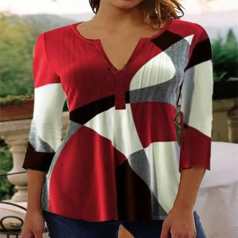 

Plus Size Women Long Sleeve V-neck Stitching Tops