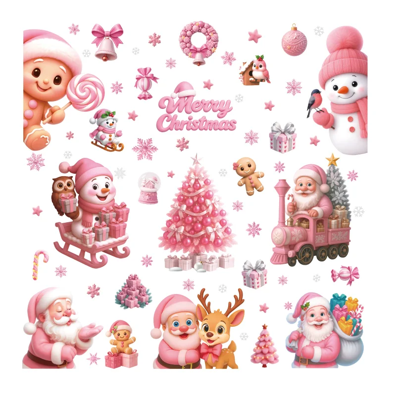 Pink Christmas Mirror Stickers Cartoon Gingerbread Man Sowman Santa Glass Window Stickers Merry Christmas Happy New Year Decor