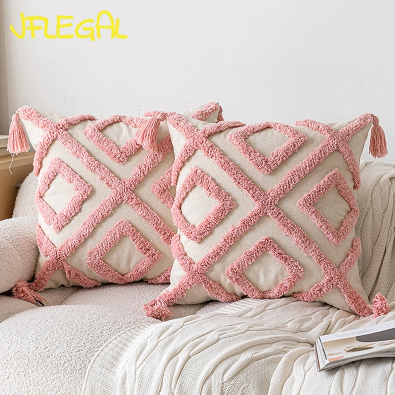 

JFLEGAL Nordic Pink Cushion Cover 45*45cm Cotton Canvas Geometric Tufted Embroidered Pillow Case Decorative Cushions for Sofa