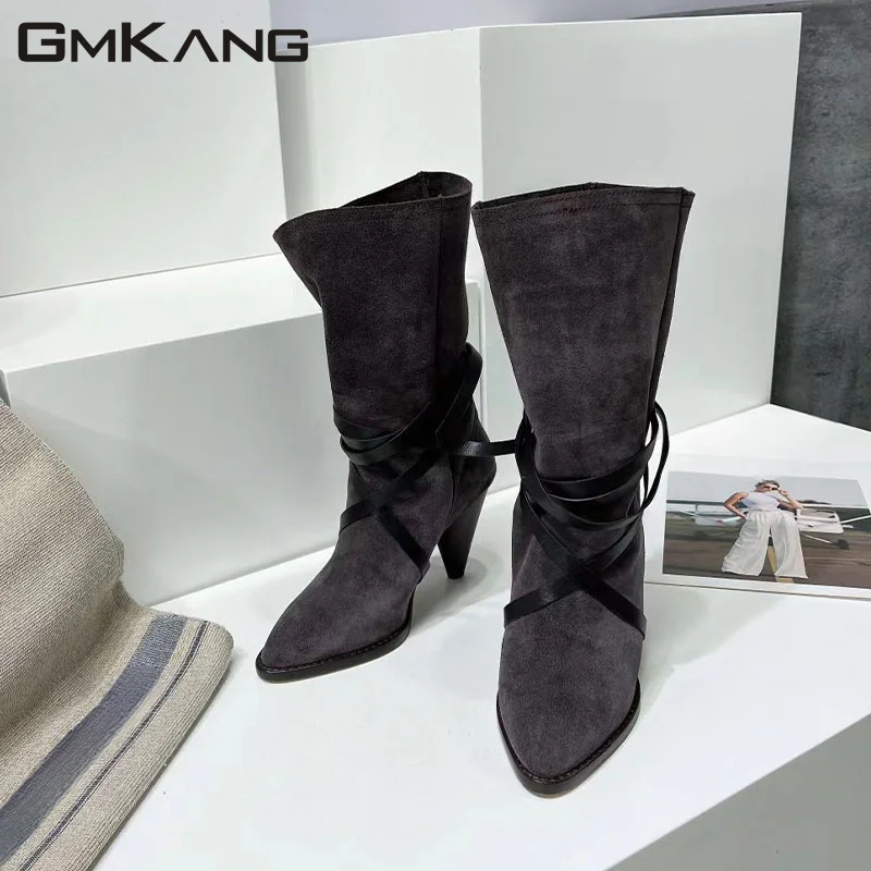 New High Heel Knee Length Short Boots Women's Cross Lacing Pointed Short Boots Women's High Quality Velvet Modern Long Boots Wom