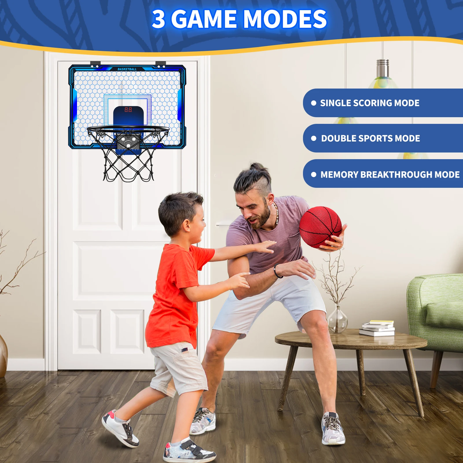 Remote Control Basketball Hoop Indoor with 7 LED Lighting, Over Door Basketball Hoop, Basketball Toys Gift for Kids, Adults