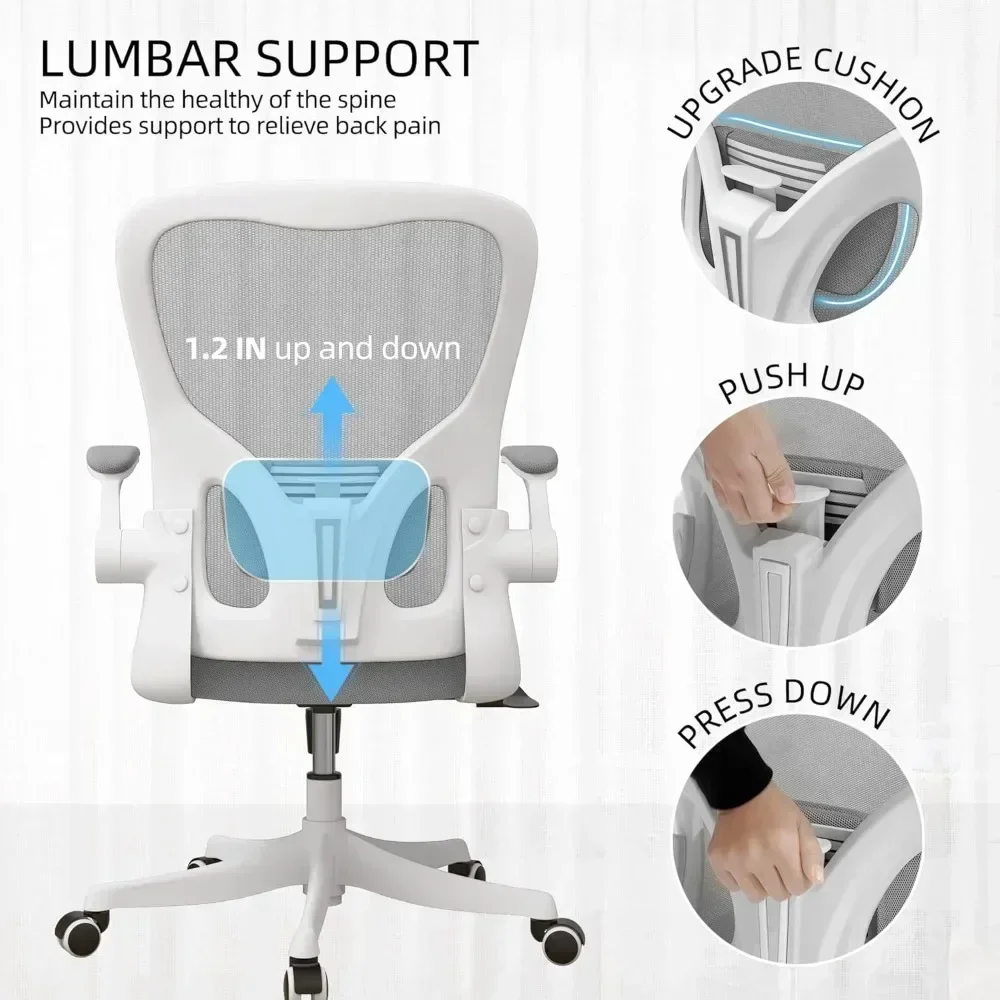 ergonomic office desk chair with lumbar support, headrest, adjustable height, flip-up armrests, and swivel rocking high back for