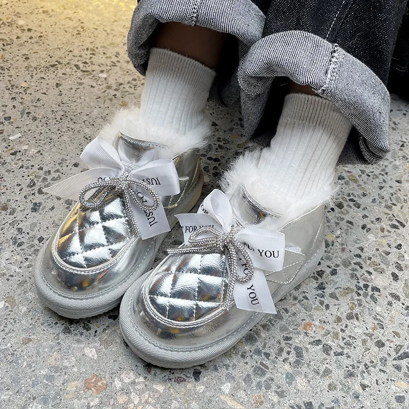 

Children's Silver Boots For Girl Pink Sequins Bowknot Snow Boots Winter Cotton Shoes For Girl Gift Baby Kids Waterproof Shoes
