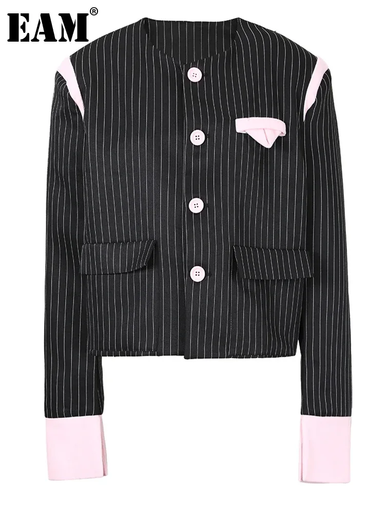 

[EAM] Женский блейзер в черно-белую полоску большого размера, новая свободная куртка с круглым вырезом и длинными рукавами, весна-осень 2024, CPG0574