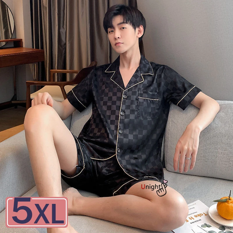 M-5XL 2021 New Summer Short Black Plaid Silk Pajama For Men 2pc Large 5XL Short Set 3xl Luxury Pijama Hombre Loungewear Homewear organic pyjamas
