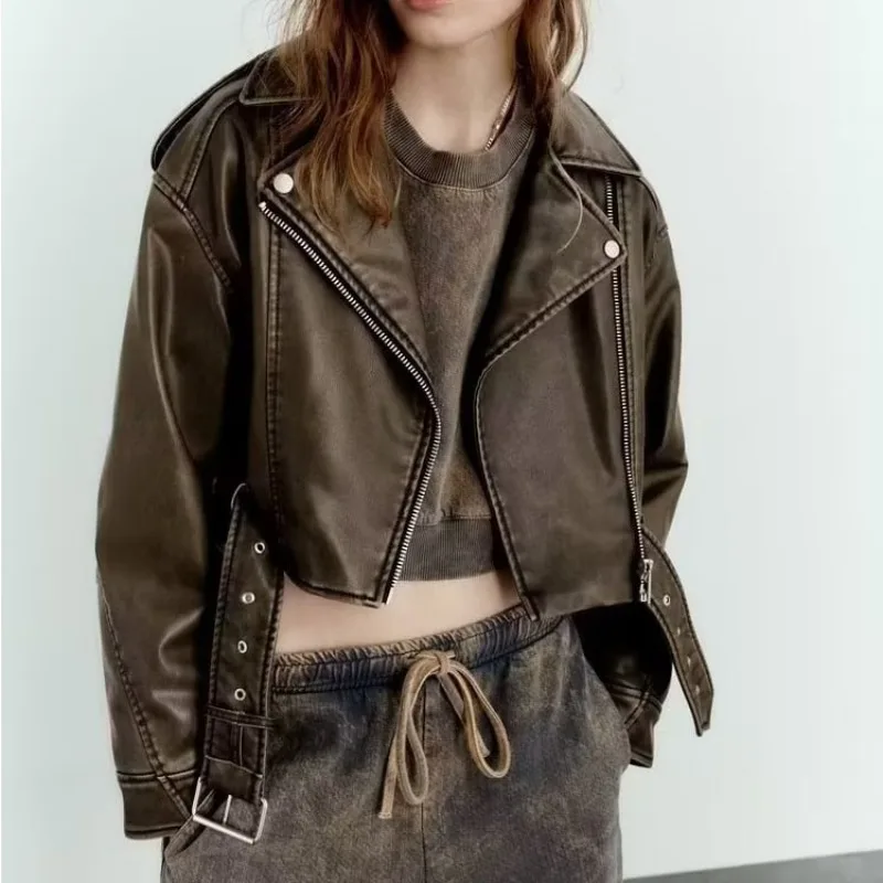 Women's PU Leather Jacket, Vintage Turn Down Collar, Zipper Short Outwear, Female Fashion, Casual Washed Coat, Autumn, New, 2024