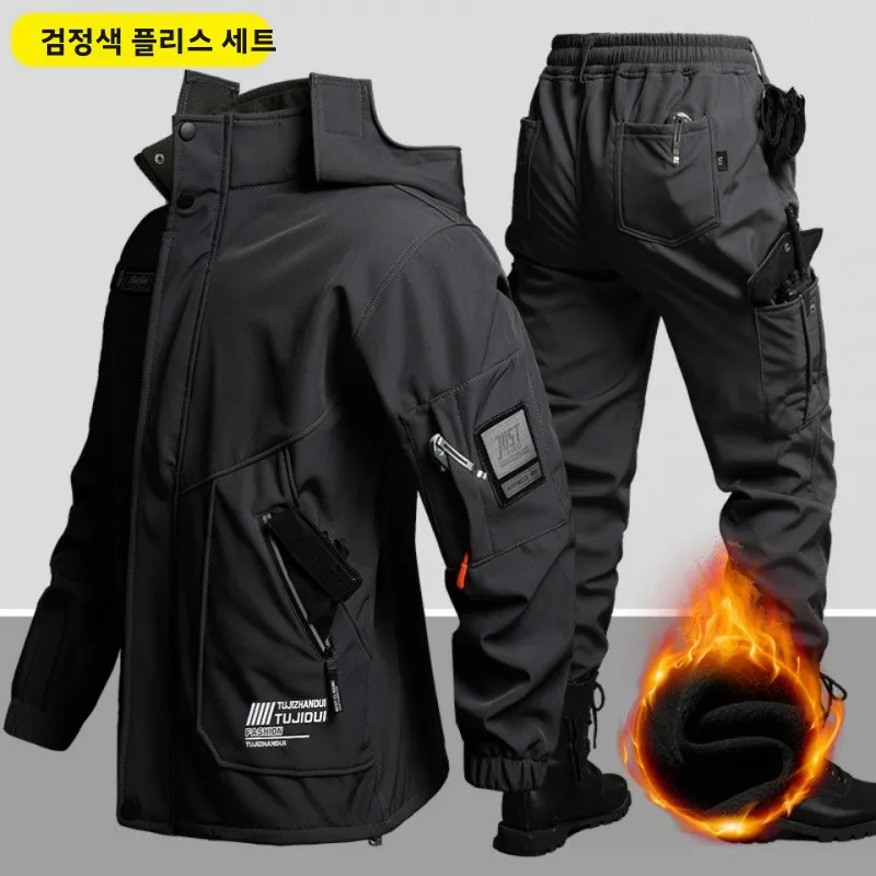 남성용 플리스 안감 방수 소프트쉘 작업복 라이딩 아웃웨어 전술 장비 가을 겨울 보온 작업복 세트 방풍