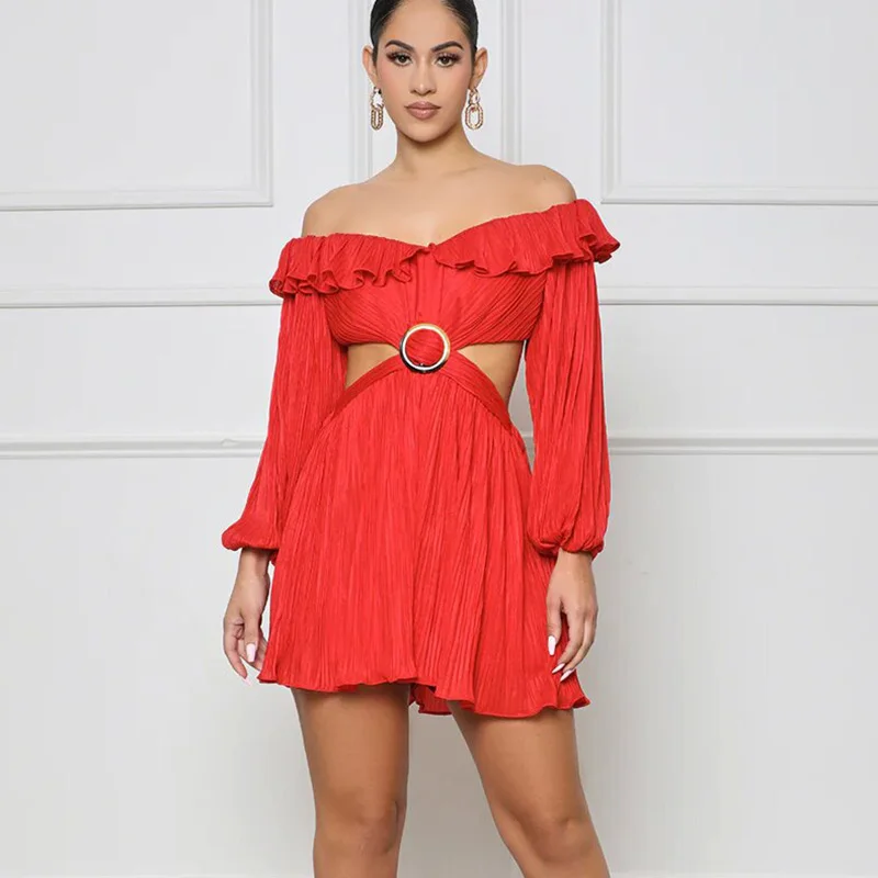 

Sexy Ruffles Slash Neck Off the Shoulder Elegant Playsuits Women Overalls Metal Ring Cut Out Party Rompers and Jumpsuits Shorts