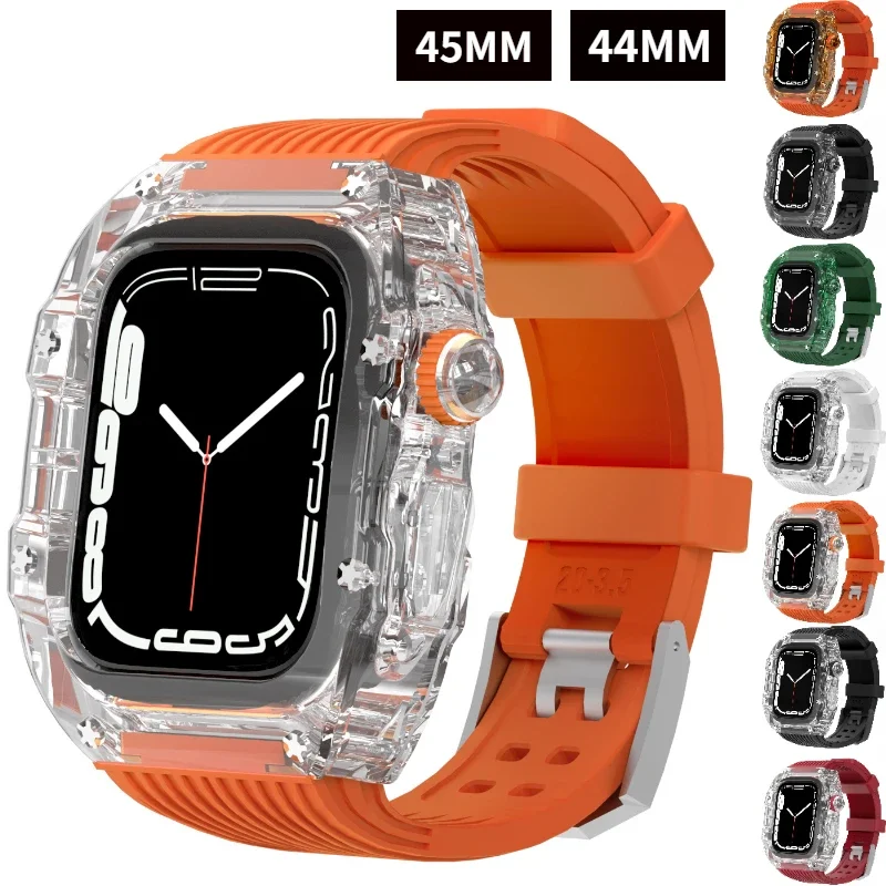 

Transparent Case+Silicone Strap For Apple Watch 8 7 45mm Integrated Modified Bracelet Wristband Kit iWatch 6 5 4 SE 44mm Correa