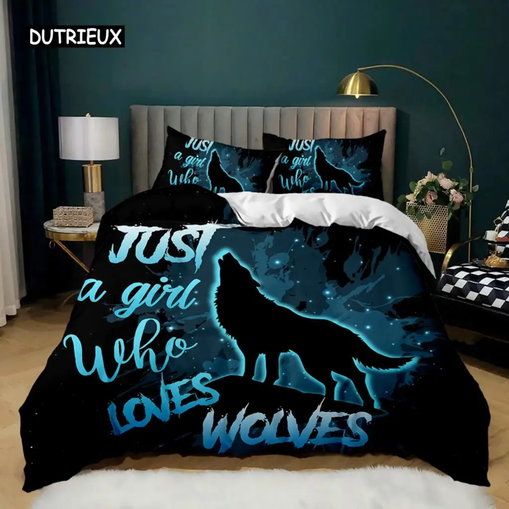 

Cartoon Duvet Cover Set Howling Wolf In The Moonlit Night Bedding Set Polyester Just A Girl Who Loves Wolves Pattern Quilt Cover