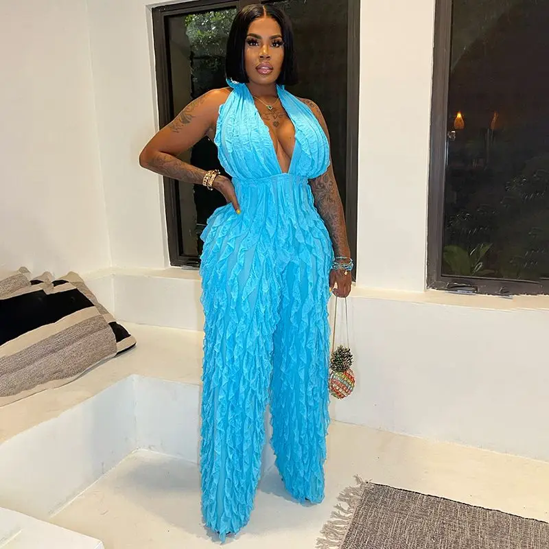 

Fashion Women Wave Ruffles Halter Deep V-neck Backless Sleeveless Wide Leg Jumpsuit 2023 Sexy Party Club Romper Playsuit