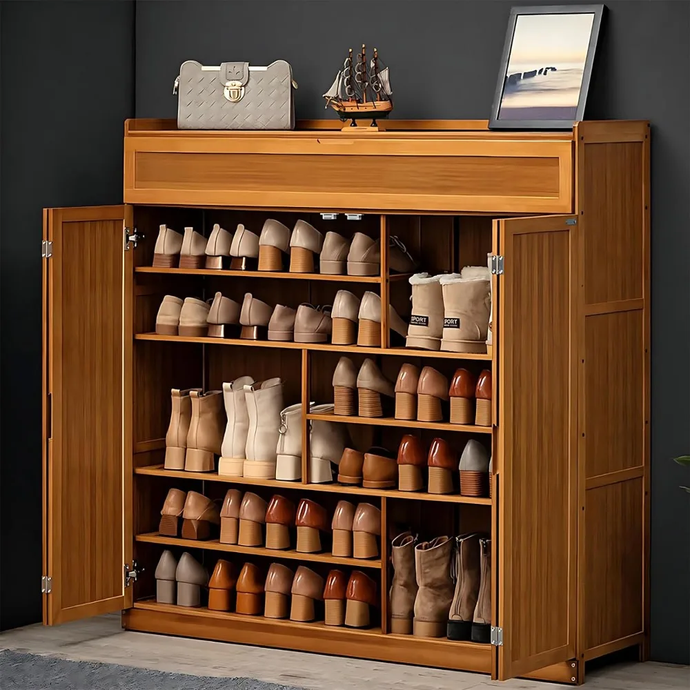 Description Picture 3 of itemBamboo shoe cabinet with 2 doors, 7 tiers shoe storage cabinet, freestanding shoe rack for corridor living room, bamboo, brown