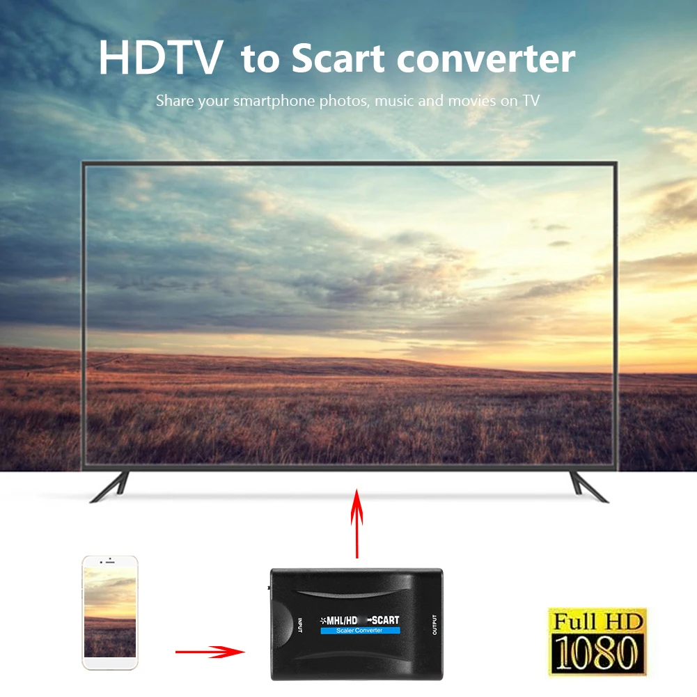 HDMI to SCART 비디오 오디오 업스케일 컨버터 어댑터, USB 플러그 앤 플레이, 1080P