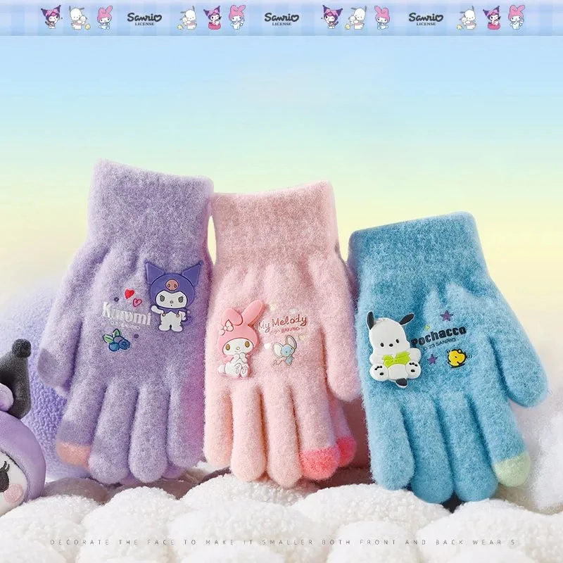 

Kawaii Exquisite Sanrio Cartoon Kids Plush Gloves My Melody Kuromi Pachacco Keep Warm Antifreeze Five-Finger Student Gloves