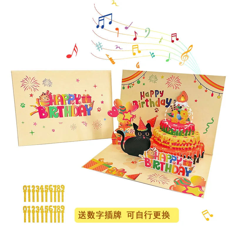 Birthday Cat 3D Creative Music Card Blowing Candles Lighting Music 3D Pop up Card greeting cards