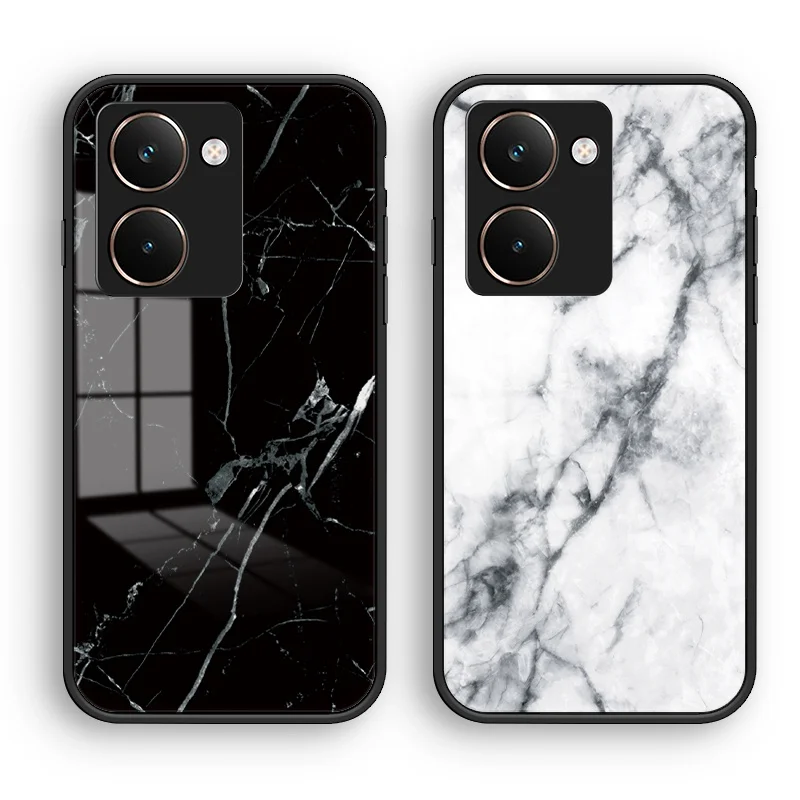 Marble Grain Tempered Glass Hard Back Cover with Silicone Bumper