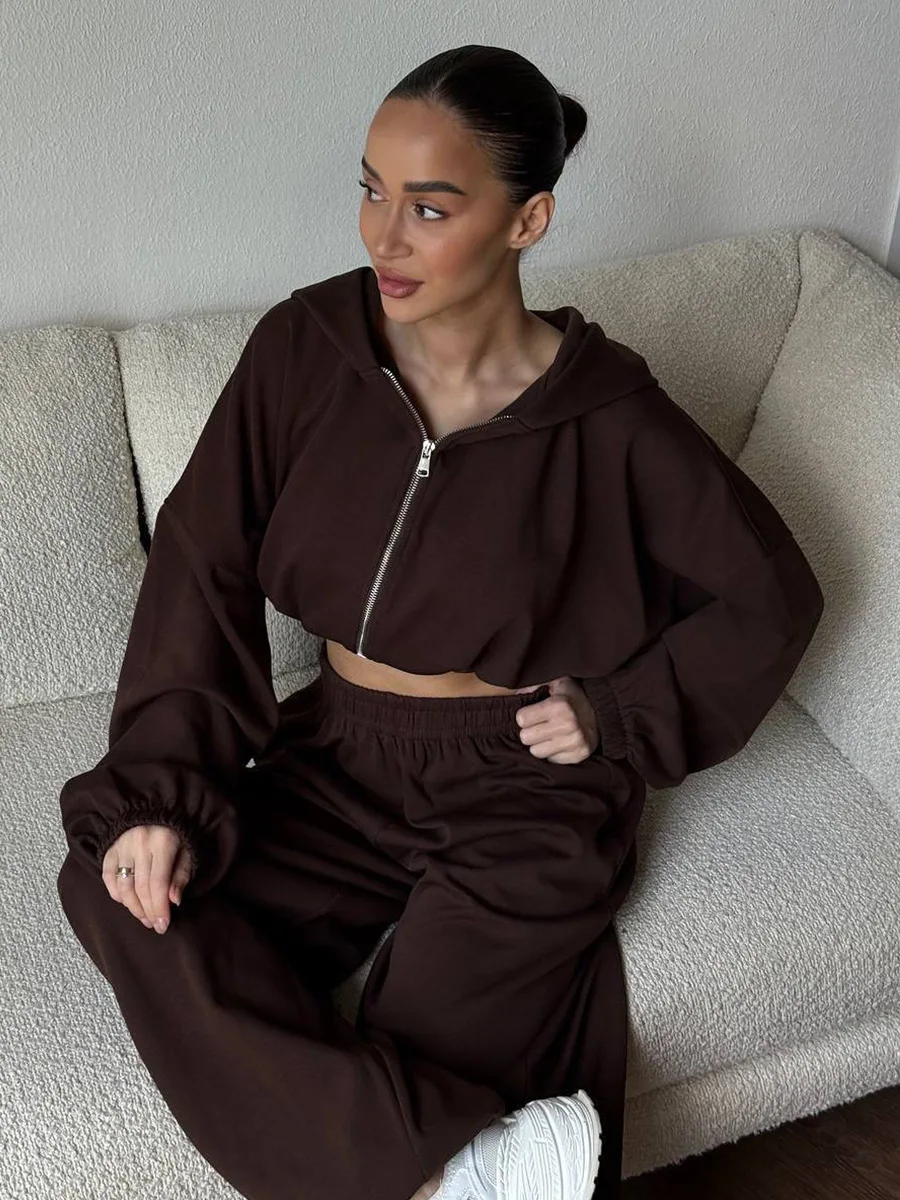 Bornladies Women's New Autumn Zip Up Hooded Crop Top Drawstring Cuffed Sweatpants Set  Loose Fit Streetwear Fashion Pant Sets