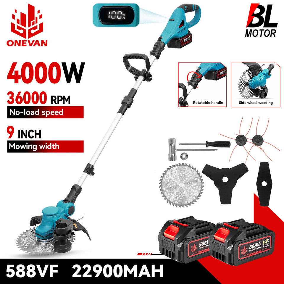 ONEVAN 9Inch Brushless Electric Lawn Mower 4000W 36000RPM Cordless Grass Trimmer Foldable Cutter Garden Tool For 21V 18V Battery