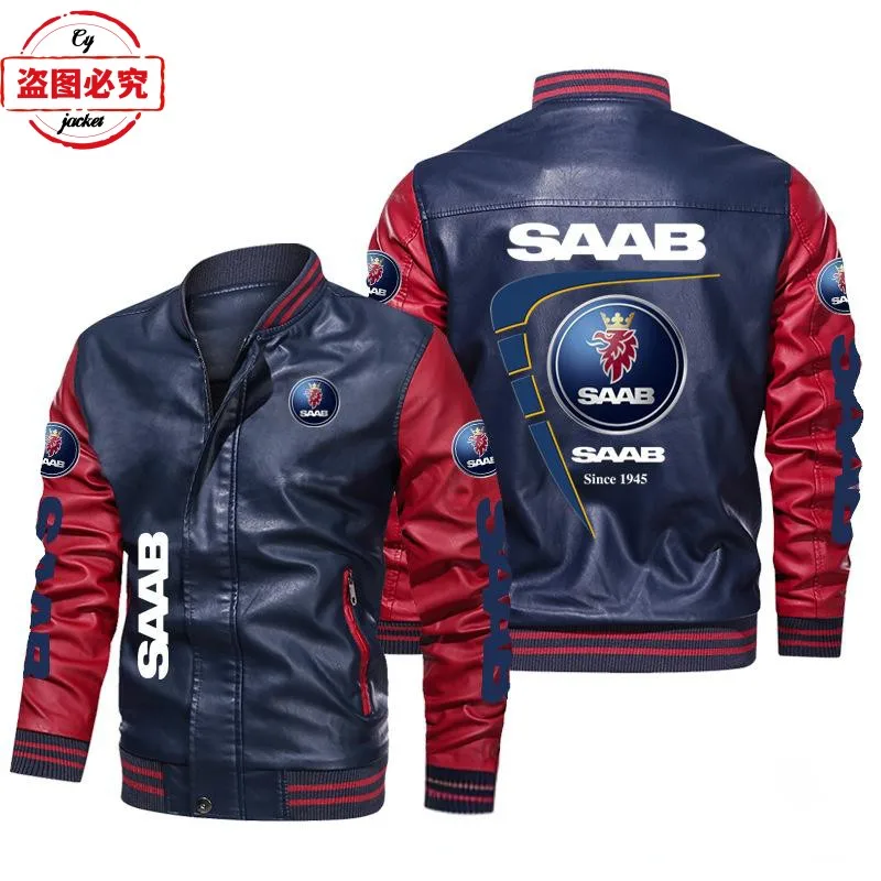 SAAB car LOGO color matching retro washed pu leather jacket men's SAAB team pilot jacket team suit 3