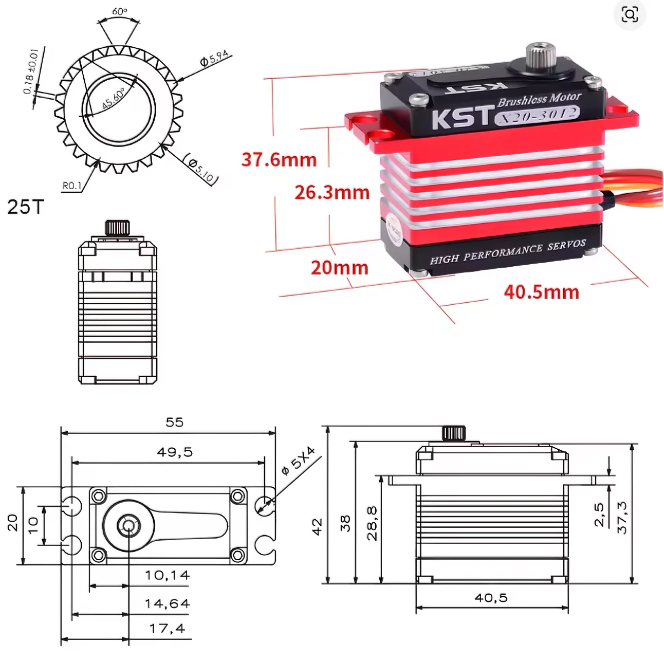 KST X20-3012 Servo RC 35kg Métal Engrenage Moteur Brushless