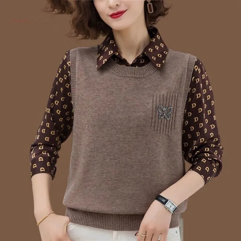 Women's Polo Collar Bow Diamonds 2023 New Spring and Autumn Knitted Vest Shirt Long Sleeved Pullover Sweater Woman Blouses Tops
