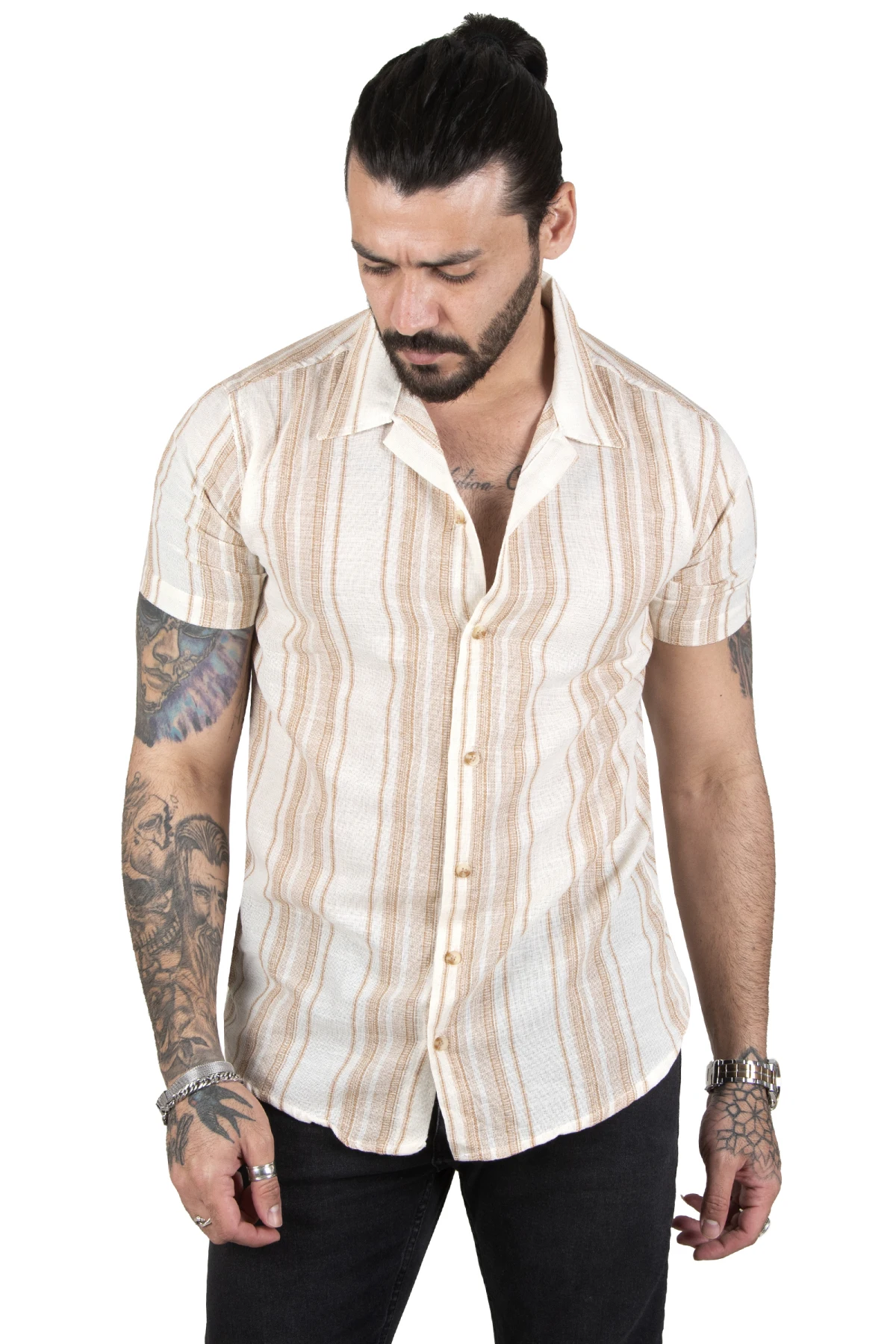 DeepSEA striped buttoned short sleeve lycra raw linen men's shirt 2201888