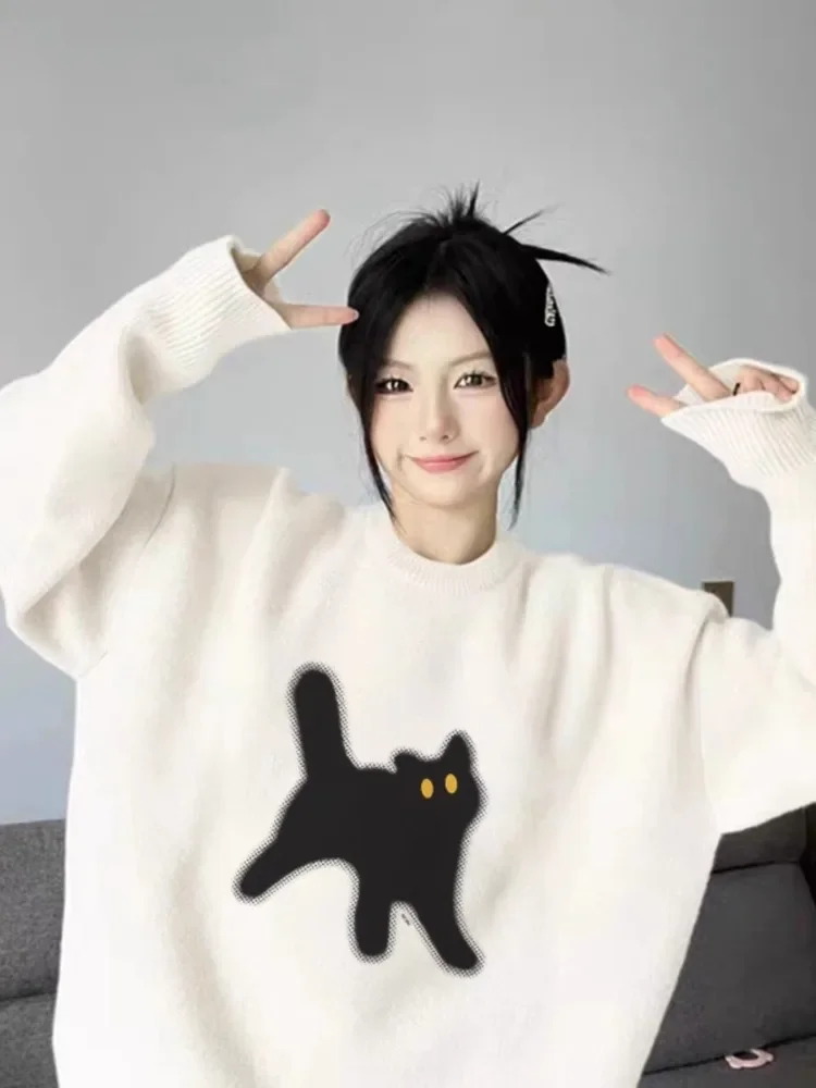 

2023 Sweet Kitty Grunge Y2k Aesthetic Sweaters Oversized Knitted Casual All Match Jumpers Fashion Women Kawaii Preppy Pullovers