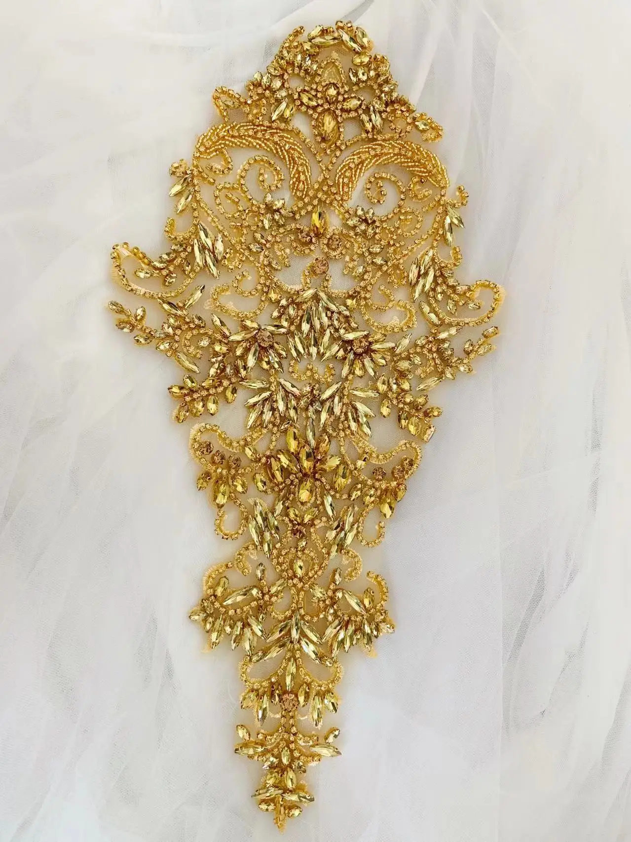 Heavy Rhinestone Gold Applique Elegant French Bead Crystal Flower Patch for  Bodice ,Couture,Wedding Dress