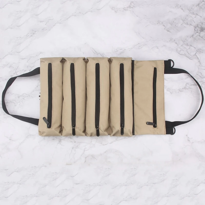 

Canvas Tool Roll Bag with 5 Zipper Pockets Waterproof & Wear Resistant Roll Up Dropship