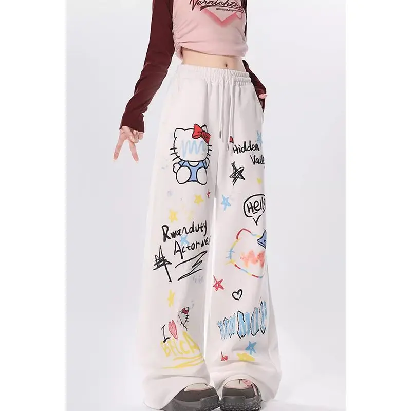 High Street Hip Hop Kitty Cat Sports Straight Pants Women Elastic High Waist Drawstring Pocket Print Letter Casual Trousers 2024