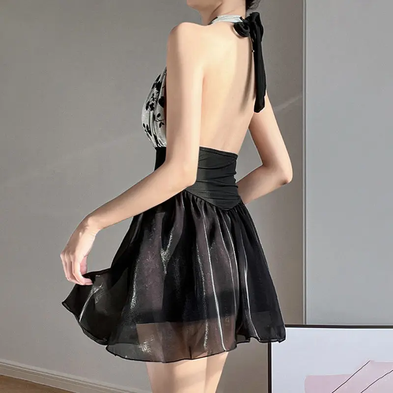 2023 Summer Fashion Bohemian Print Hanging Neck Open Back Hollow Out Western Style Sexy High Waist Slim Fit Skirt Swimwear