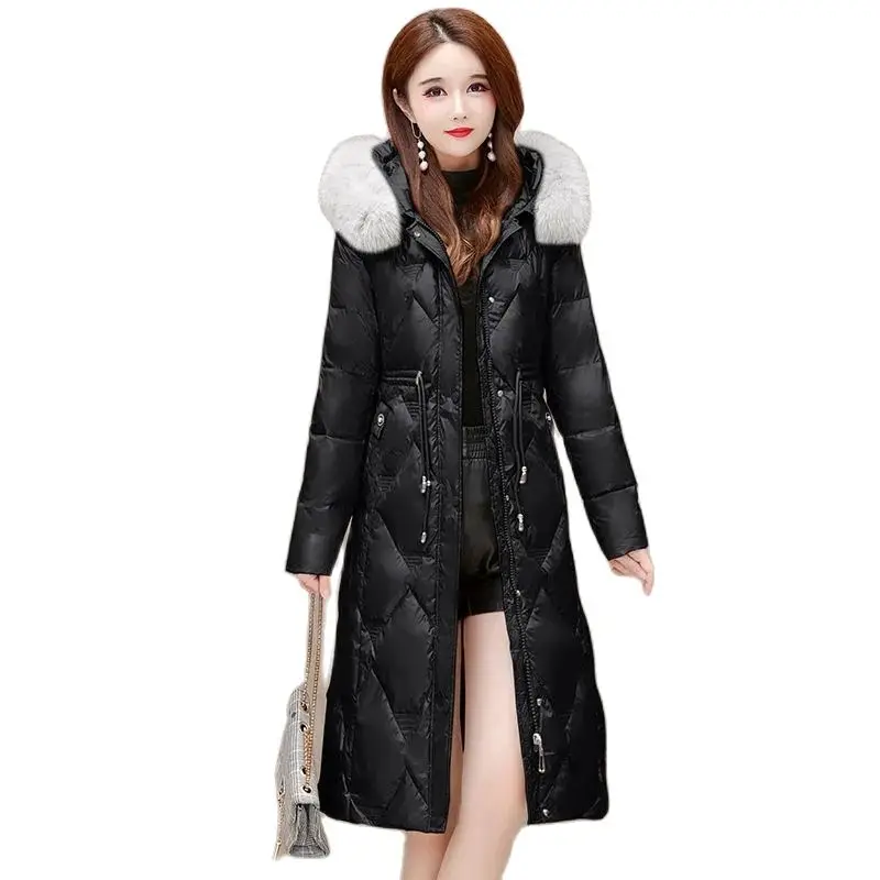 

White Duck Down Pocket Down Women's 2022 Winter New Hooded Fashion Shiny Warm Mid-length Fox Fur Collar Pie To Overcome