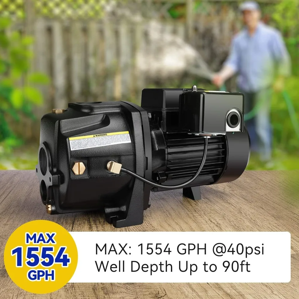 Cast Iron 1HP Jet Pump for Shallow and Deep Wells, Convertible with Ejector Kit, Suitable for Wells up to 25ft or 90ft, 115V/230