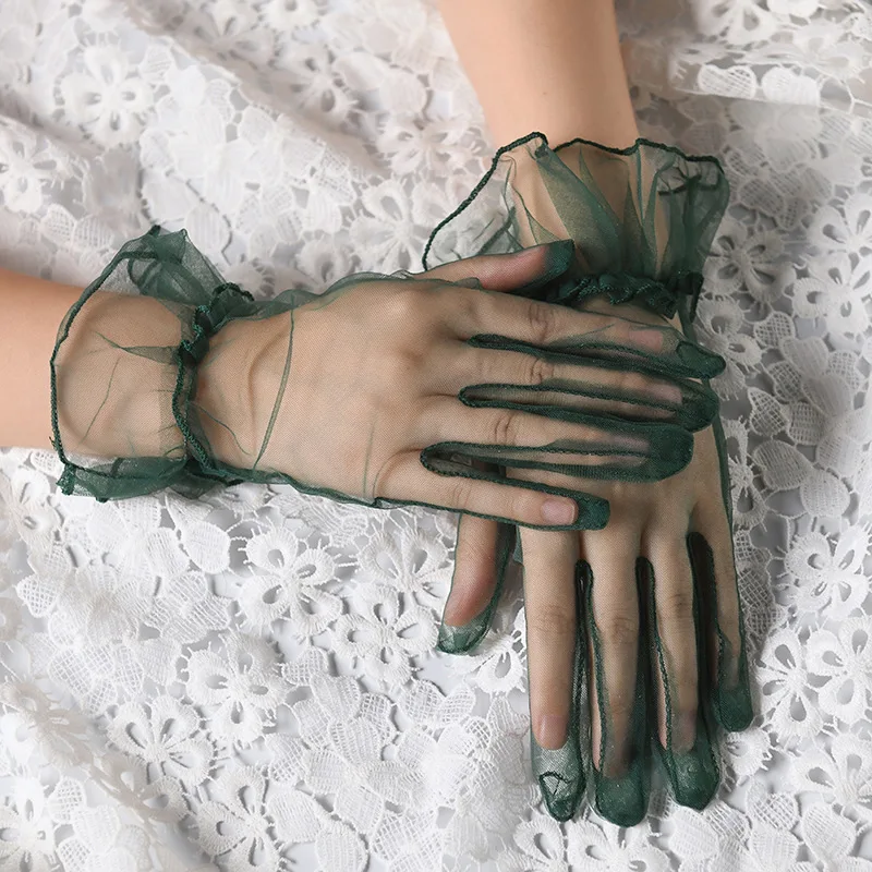 

Transparent Mesh Tulle Gloves Thin Lotus Leaf Sheers Stretchy Lace Full Finger Mittens Club Prom Party Dancing Dress Glove