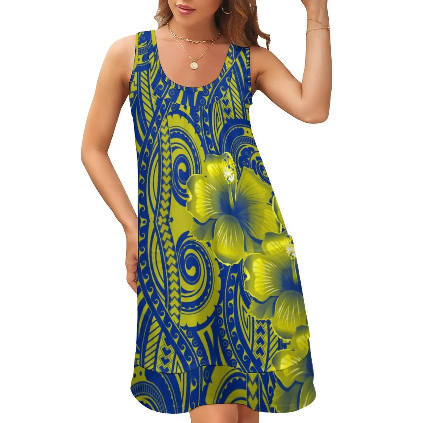

Polynesian Tribal Clothing Lady Spring Sexy Dresses Hot Selling Green Super Soft Fake Two Piece Dress Full Pattern Custom