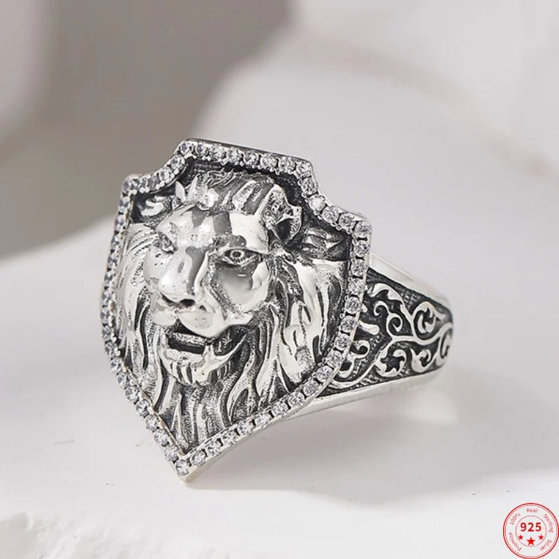 

S925 Sterling Silver Charms Rings for Women Men New Fashion Gold Plated Lion Head Inlaid Zircon Punk Jewelry Free Shipping