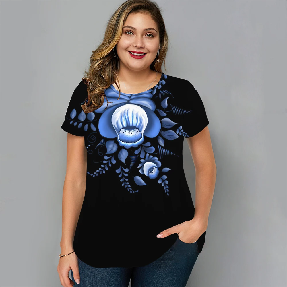 Floral T Shirt Für Frauen Übergroßen Y2k Mädchen Kleidung O Hals Mode Kurzarm Bluse Sommer Neue Streetwear Weibliche Casual tops