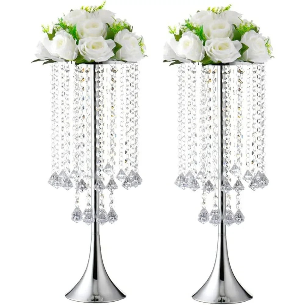 

2pcs Wedding Flower Stand With Crystal Bead Vase Metal Tall Vases for Centerpieces Birthday Party Event Decoration Home Decor
