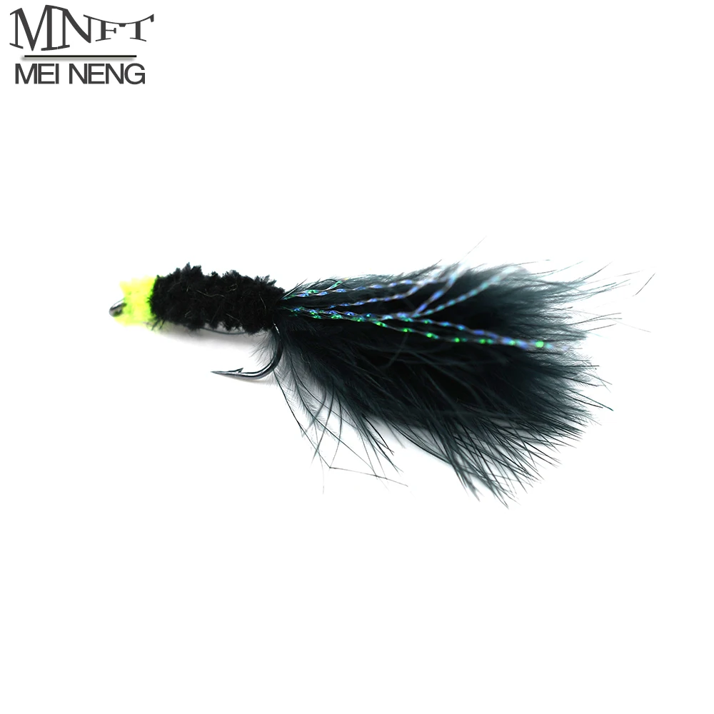 Mnft 6Pcs 6 # Black Egg Sucking Leech Fly Yellow Head Marabou Con Flashabou Trout Fishing Streamer