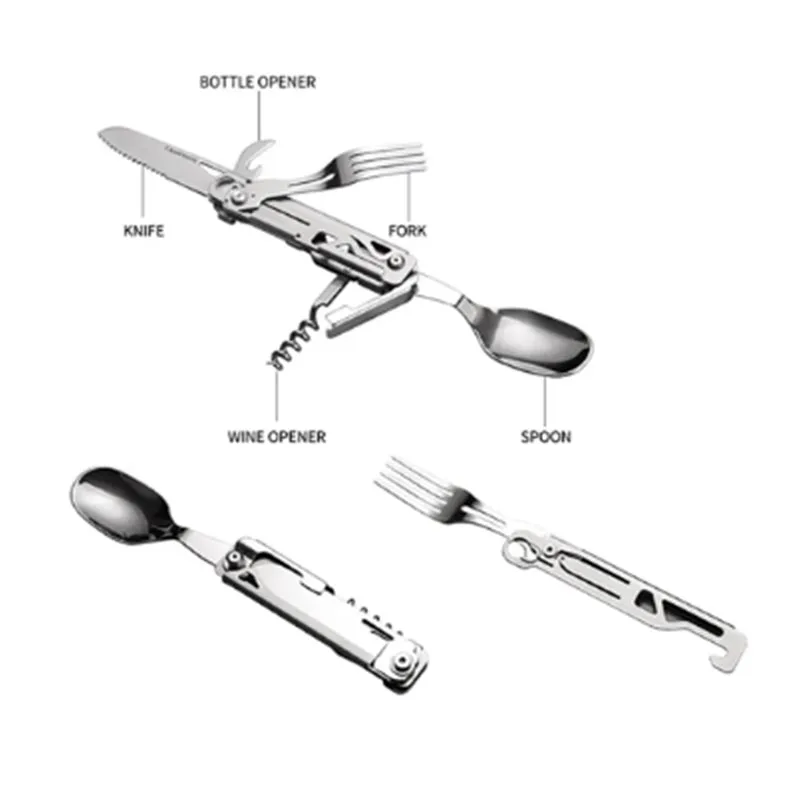 Outdoor Tableware Multi-function Portable Knife Fork Spoon Bottle Opener Foldable Cutlery Camping Equipment