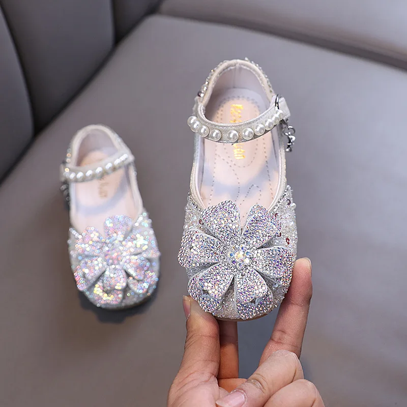 Girls Leather Flat Shoes with Rhinestone for Autumn Party