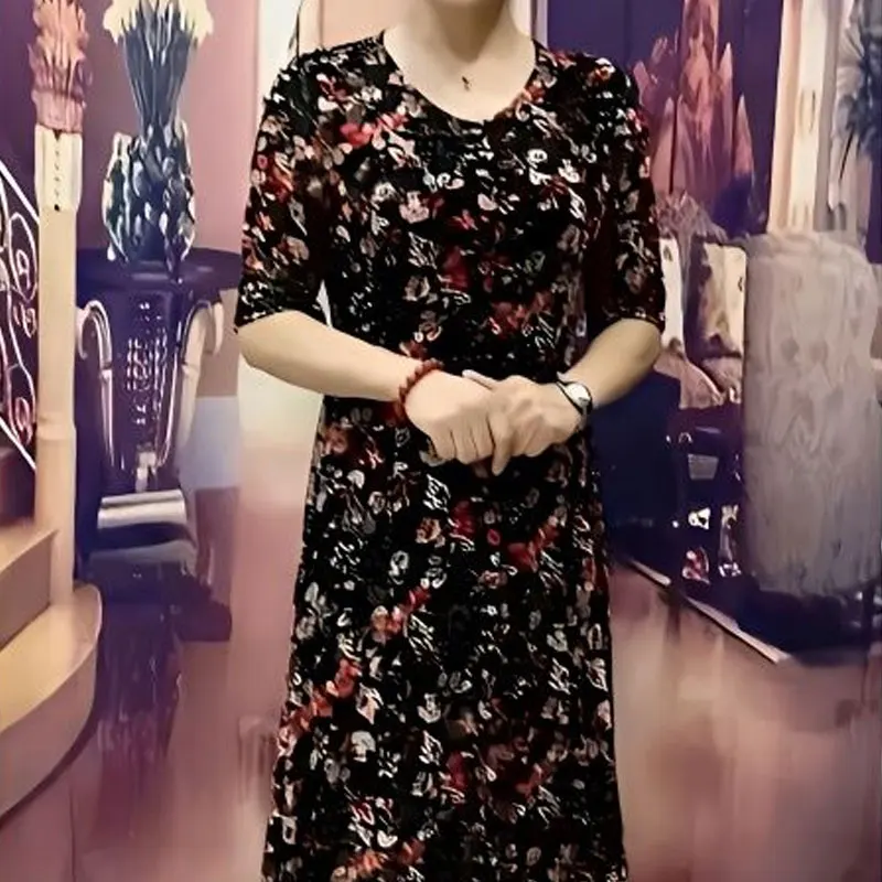 Vintage Floral V-Neck A-Line Dress - Women's Casual Summer Half Sleeve
