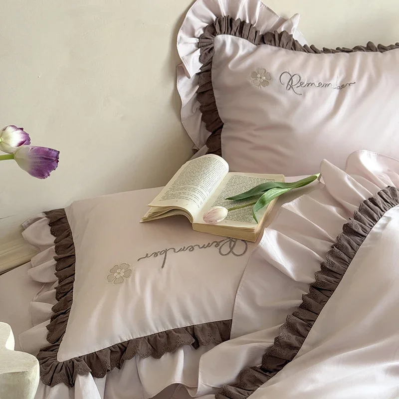 Three-dimensional Handmade Lace Flower Embroidery Lyocell Cotton Bedding Set Duvet Cover Bed Sheet/Fitted Sheet Pillowcases 4Pcs