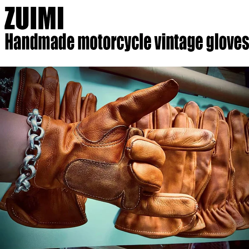 Retro Cowhide Genuine Real Leather Motorcycle Gloves